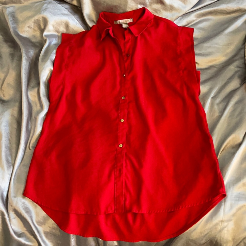 Red button down chiffon short sleeve blouse